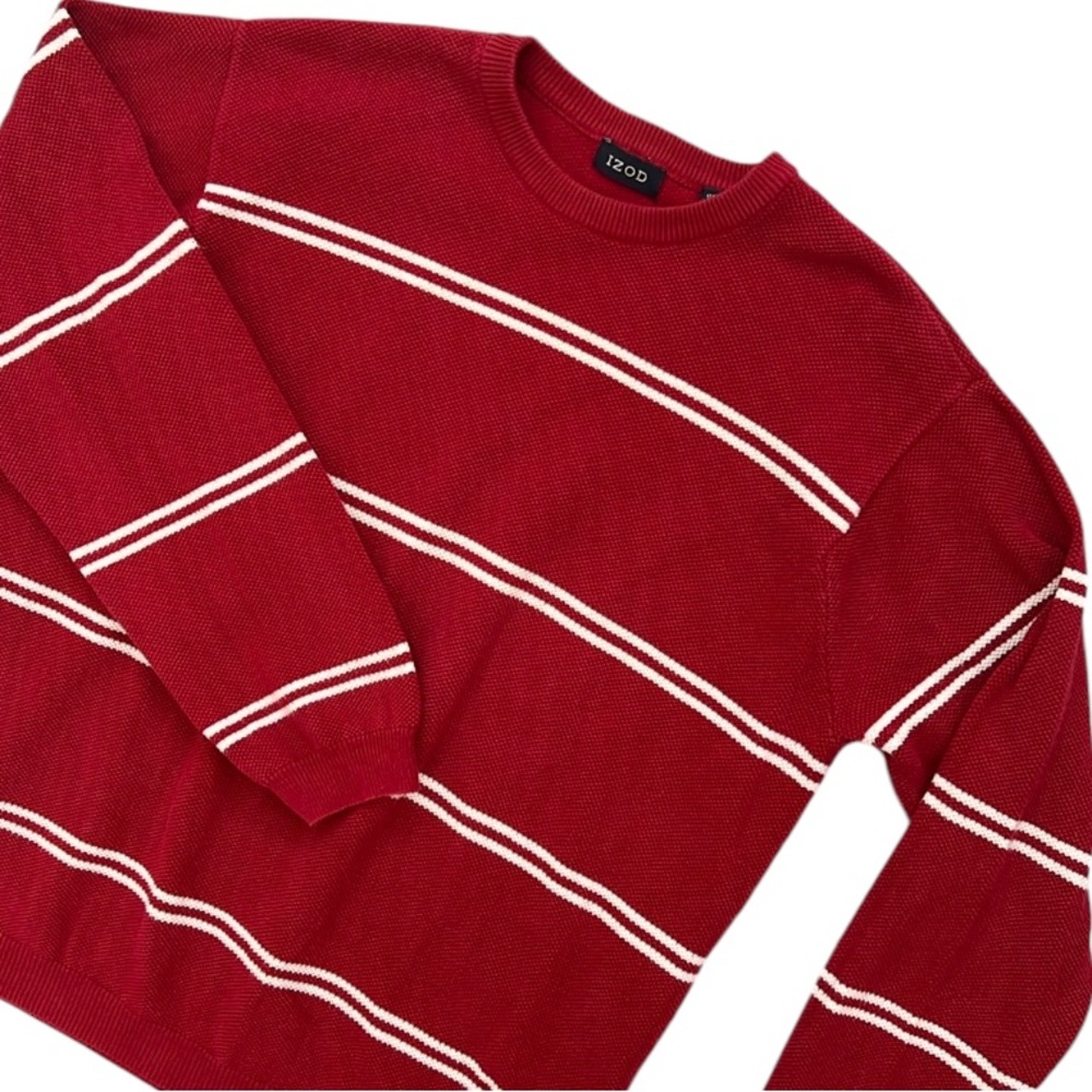 Vintage Izod Mens Medium Red & White Striped Crewneck Cotton Sweater Y2K Preppy